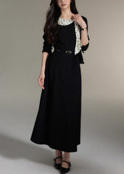 Elegant Black Bow Pockets Wool Long Dress Fall
