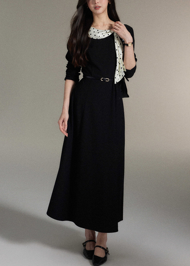 Elegant Black Bow Pockets Wool Long Dress Fall