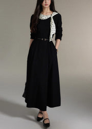Elegant Black Bow Pockets Wool Long Dress Fall