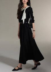 Elegant Black Bow Pockets Wool Long Dress Fall