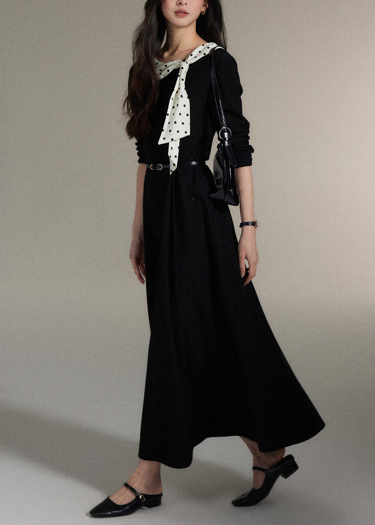 Elegant Black Bow Pockets Wool Long Dress Fall