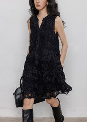 Elegant Black Button Hollow Out Lace Mid Dresses Sleeveless