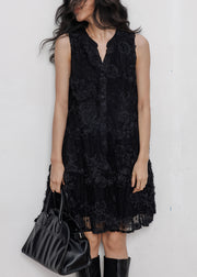 Elegant Black Button Hollow Out Lace Mid Dresses Sleeveless
