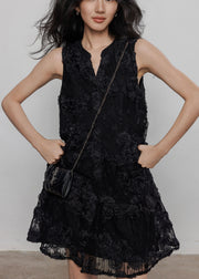 Elegant Black Button Hollow Out Lace Mid Dresses Sleeveless
