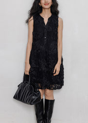 Elegant Black Button Hollow Out Lace Mid Dresses Sleeveless