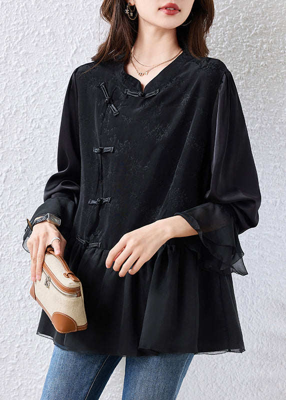 Elegant Black Chinese Button Patchwork Silk Shirt Tops Flare Sleeve