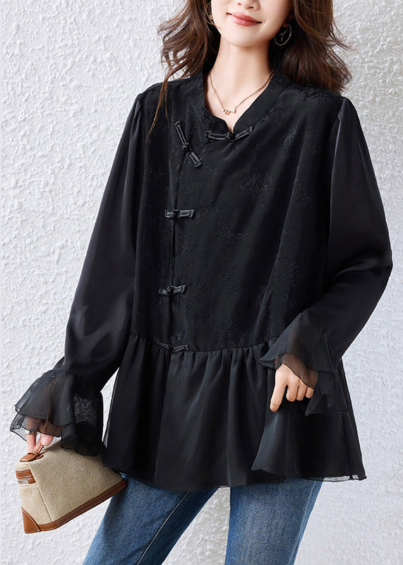Elegant Black Chinese Button Patchwork Silk Shirt Tops Flare Sleeve