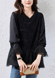Elegant Black Chinese Button Patchwork Silk Shirt Tops Flare Sleeve