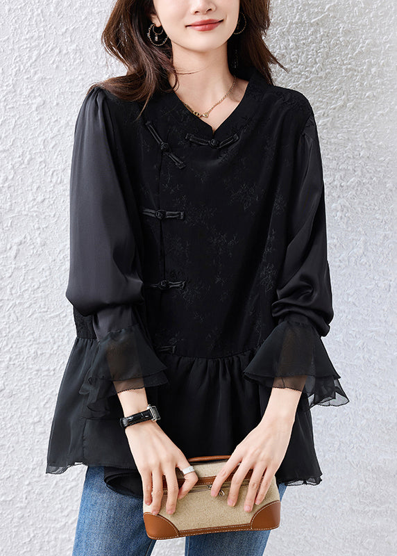 Elegant Black Chinese Button Patchwork Silk Shirt Tops Flare Sleeve