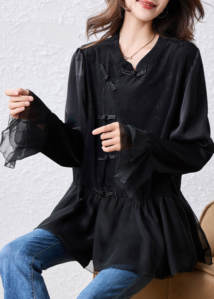 Elegant Black Chinese Button Patchwork Silk Shirt Tops Flare Sleeve