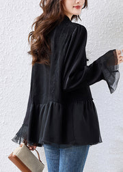 Elegant Black Chinese Button Patchwork Silk Shirt Tops Flare Sleeve
