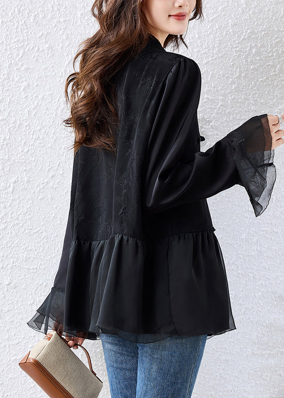 Elegant Black Chinese Button Patchwork Silk Shirt Tops Flare Sleeve