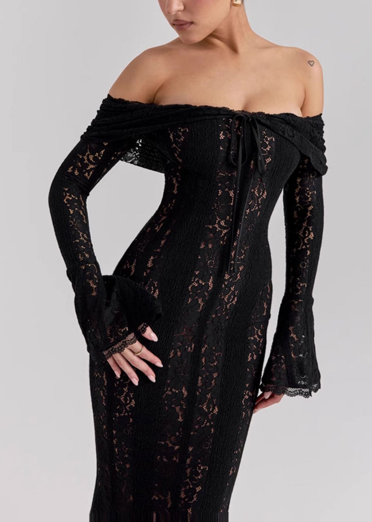 Elegant Black Cold Shoulder Lace Strapless Dress Summer