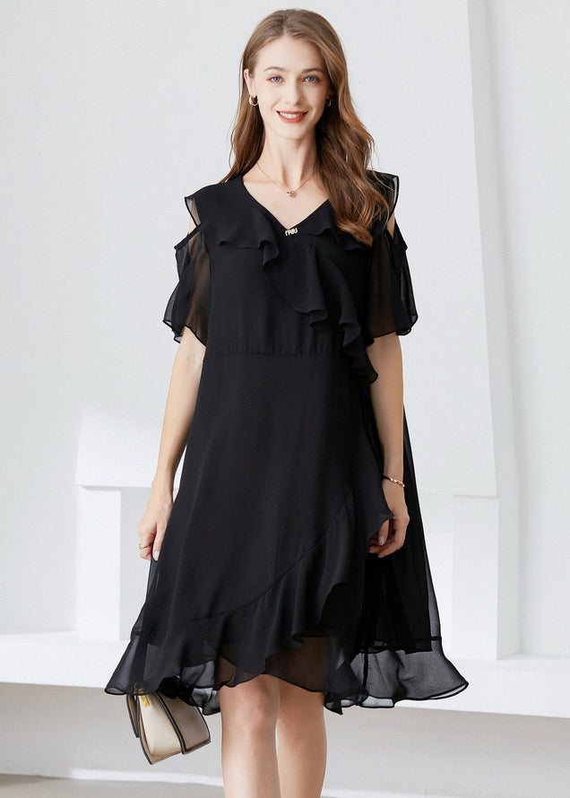 Elegant Black Cold Shoulder Ruffles Chiffon Maxi Dresses Summer – SooLinen