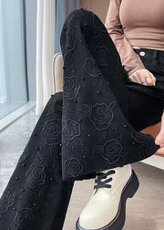 Elegant Black Embroidered Floral Nail Bead Denim Bell-bottom Trousers Fall
