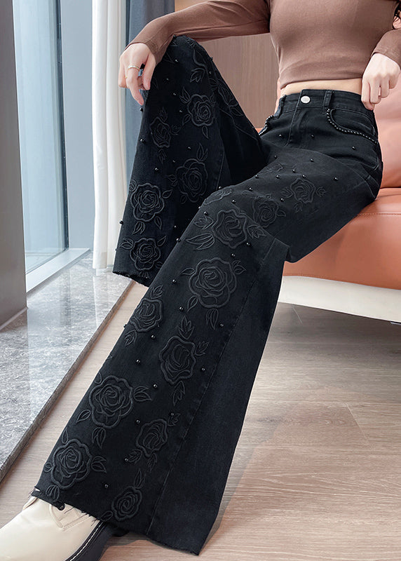 Elegant Black Embroidered Floral Nail Bead Denim Bell-bottom Trousers Fall