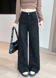 Elegant Black Embroidered Floral Nail Bead Denim Bell-bottom Trousers Fall
