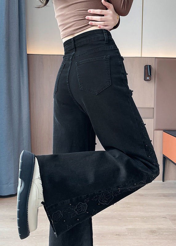 Elegant Black Embroidered Floral Nail Bead Denim Bell-bottom Trousers Fall