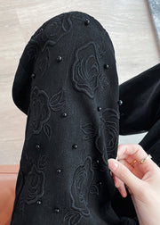 Elegant Black Embroidered Floral Nail Bead Denim Bell-bottom Trousers Fall