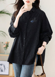 Elegant Black Embroideried Cotton Shirt Fall