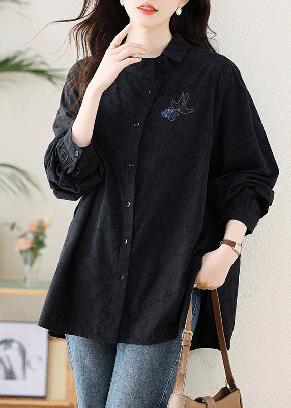 Elegant Black Embroideried Cotton Shirt Fall