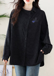 Elegant Black Embroideried Cotton Shirt Fall