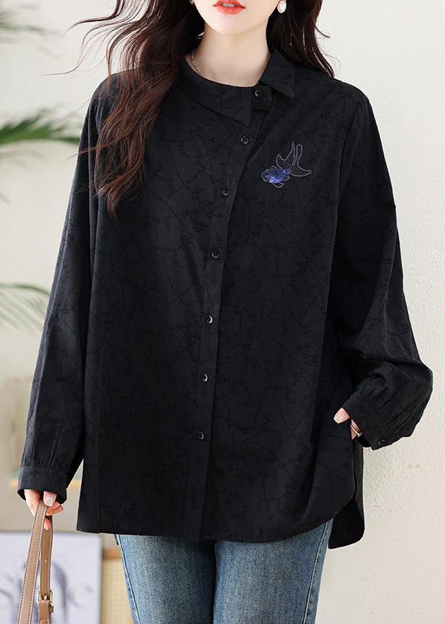 Elegant Black Embroideried Cotton Shirt Fall