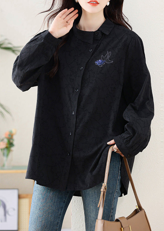 Elegant Black Embroideried Cotton Shirt Fall