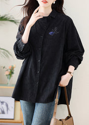 Elegant Black Embroideried Cotton Shirt Fall