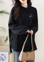 Elegant Black Embroideried Cotton Shirt Fall