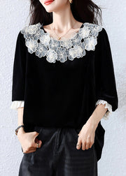 Elegant Black Floral Patchwork Silk Velour T Shirt Fall