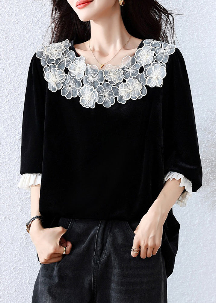Elegant Black Floral Patchwork Silk Velour T Shirt Fall