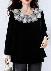 Elegant Black Floral Patchwork Silk Velour T Shirt Fall