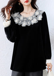 Elegant Black Floral Patchwork Silk Velour T Shirt Fall