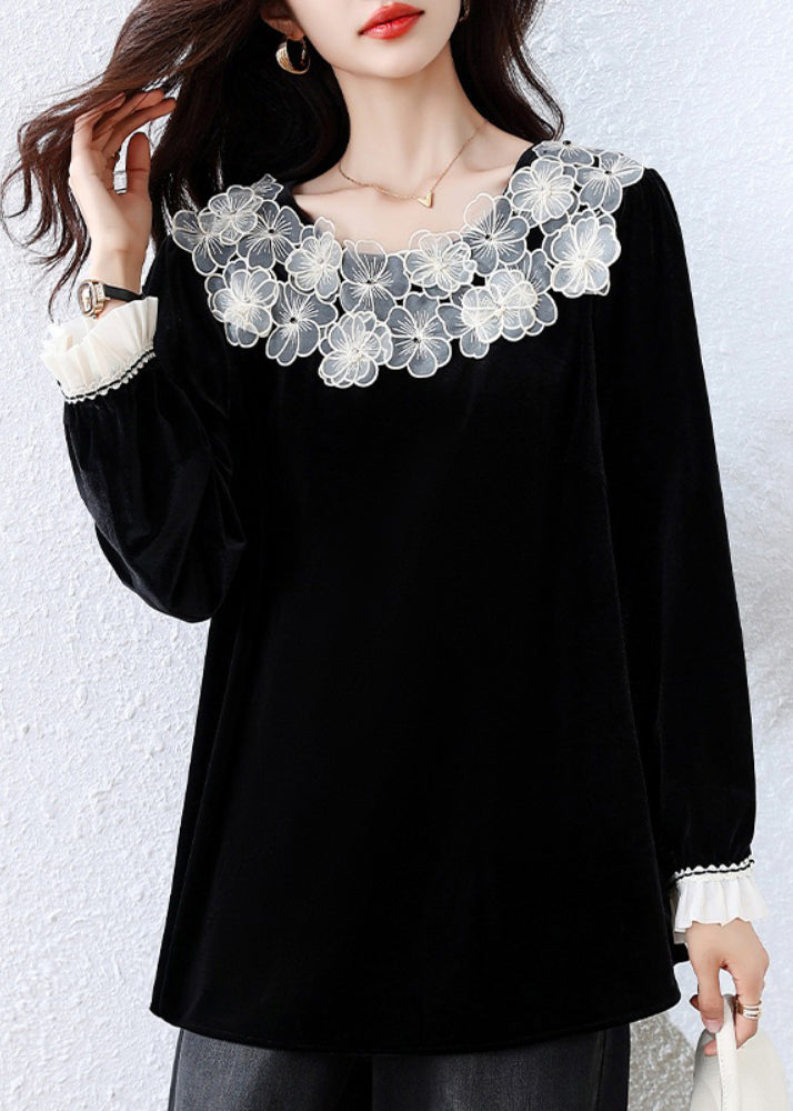 Elegant Black Floral Patchwork Silk Velour T Shirt Fall