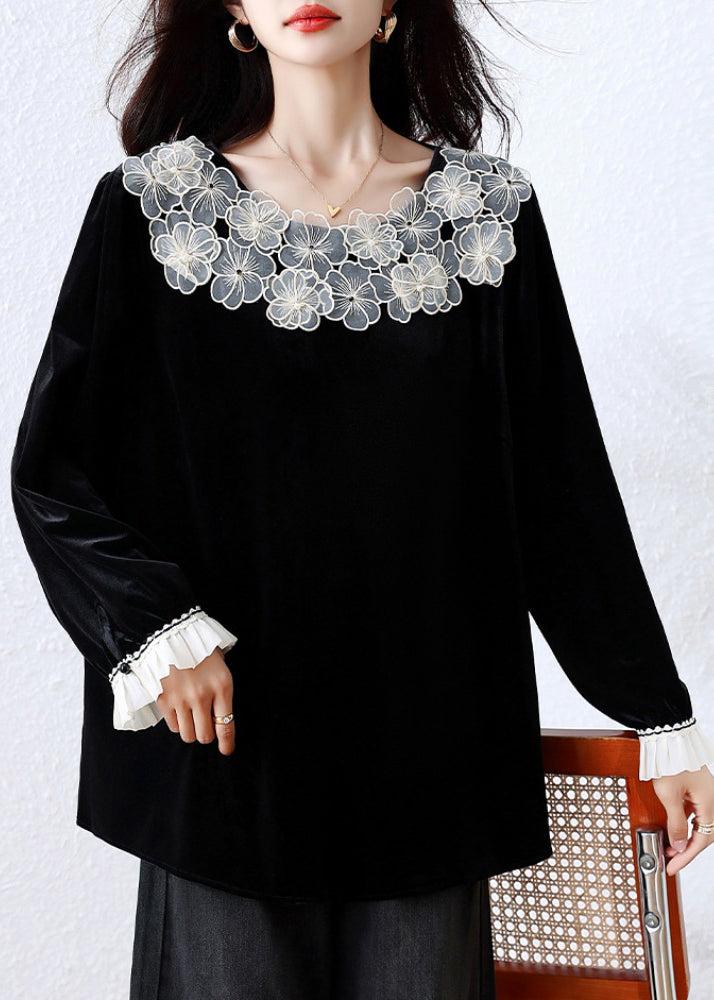 Elegant Black Floral Patchwork Silk Velour T Shirt Fall