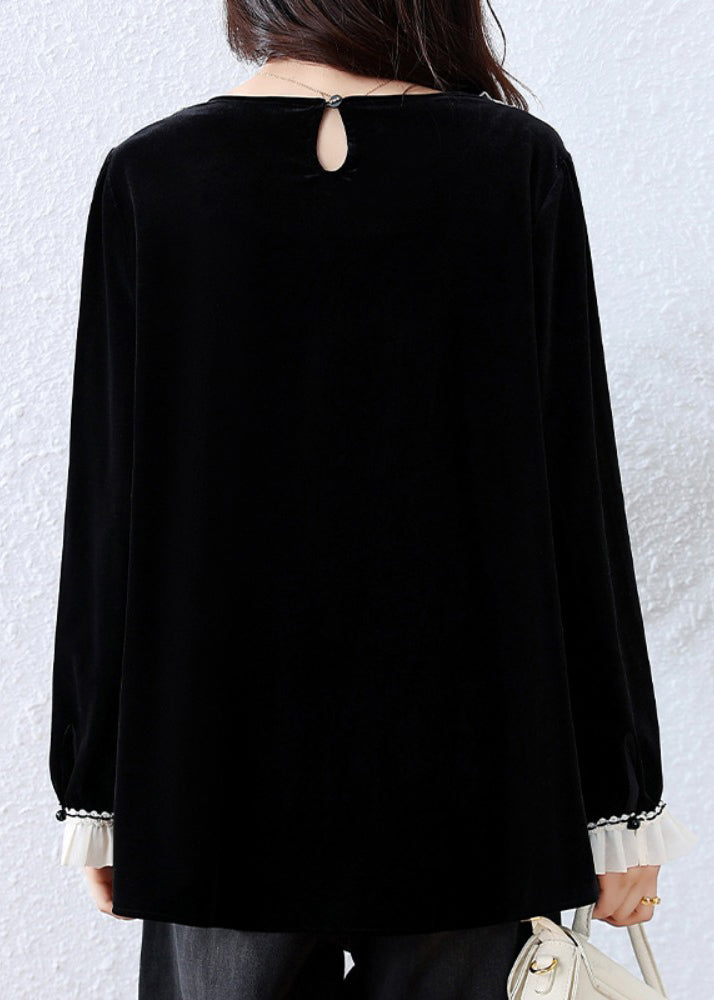 Elegant Black Floral Patchwork Silk Velour T Shirt Fall