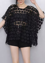 Elegant Black Hollow Out Lace Tanks Batwing Sleeve
