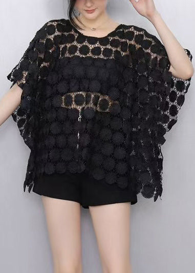 Elegant Black Hollow Out Lace Tanks Batwing Sleeve