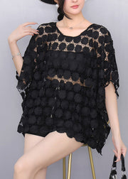 Elegant Black Hollow Out Lace Tanks Batwing Sleeve