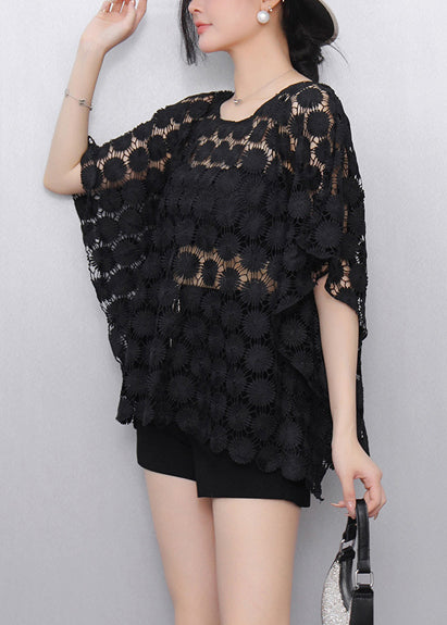 Elegant Black Hollow Out Lace Tanks Batwing Sleeve