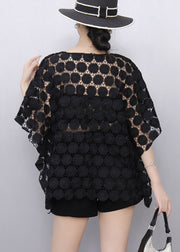 Elegant Black Hollow Out Lace Tanks Batwing Sleeve