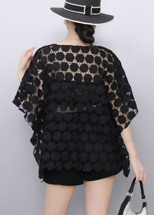 Elegant Black Hollow Out Lace Tanks Batwing Sleeve