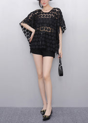 Elegant Black Hollow Out Lace Tanks Batwing Sleeve