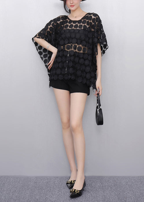 Elegant Black Hollow Out Lace Tanks Batwing Sleeve
