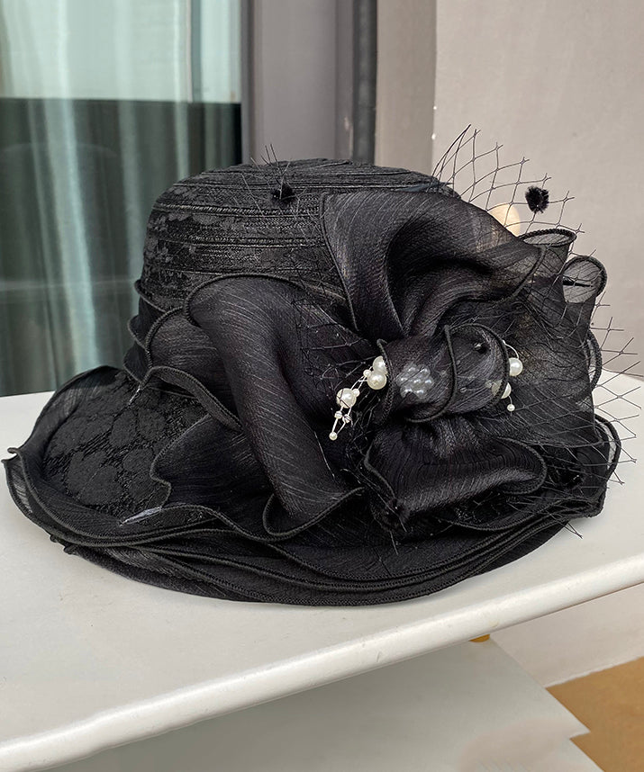 Elegant Black Lace Floral Nail Bead Tulle Bucket Hat