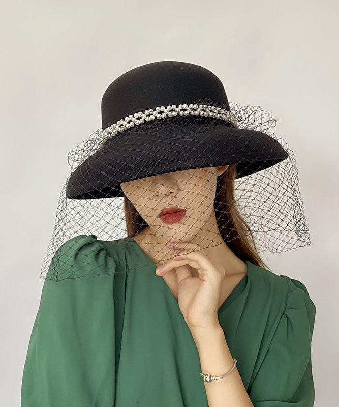 Elegant Black Nail Bead Mesh Woolen Cloche Hat