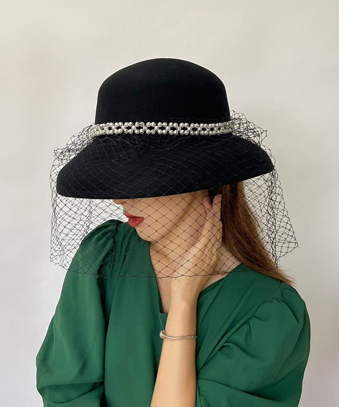 Elegant Black Nail Bead Mesh Woolen Cloche Hat