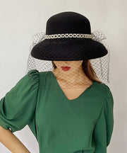 Elegant Black Nail Bead Mesh Woolen Cloche Hat