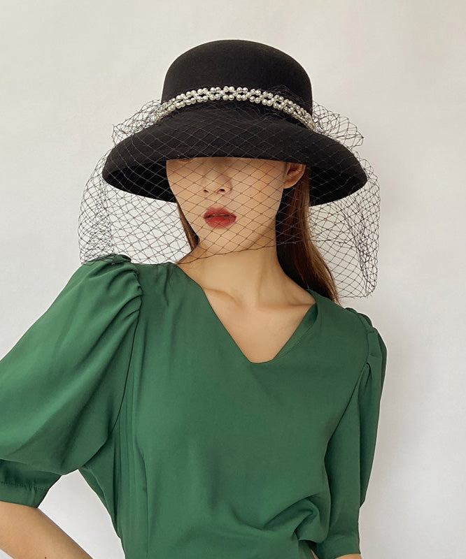Elegant Black Nail Bead Mesh Woolen Cloche Hat
